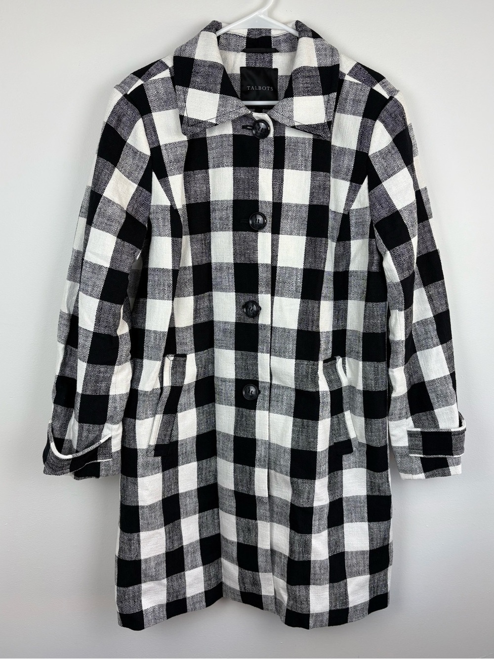 NWT Talbots B&W Buffalo Plaid Button-Front Coat XL Cotton Linen Preppy Light - Picture 1 of 9